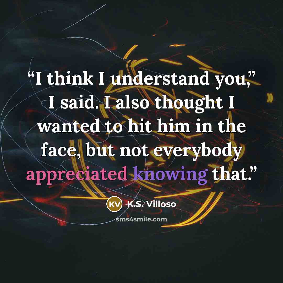 “I think I understand you,” I said. I also thought I wanted to hit him in the face, but not everybody appreciated knowing that.” quote by K.S. Villoso