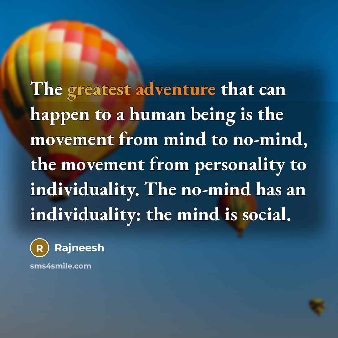 “The greatest adventure that can happen to a human being is the movement from mind to no-mind, the movement from personality to individuality. The no-mind has an individuality: the mind is social.” quote by Rajneesh