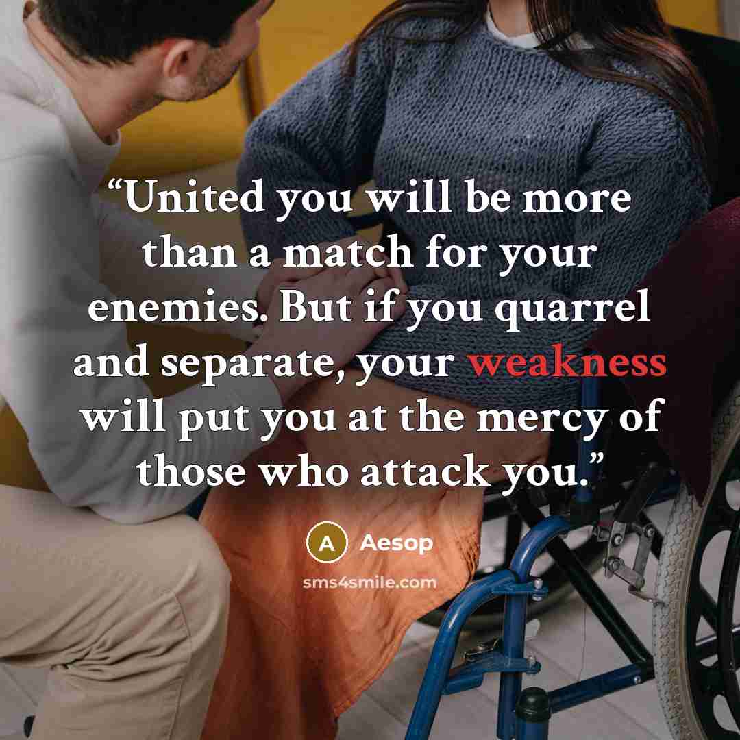“United you will be more than a match for your enemies. But if you quarrel and separate, your weakness will put you at the mercy of those who attack you.” quote by Aesop