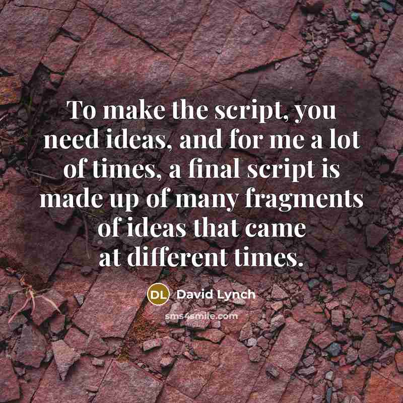 “To make the script, you need ideas, and for me a lot of times, a final script is made up of many fragments of ideas that came at different times.” quote by David Lynch