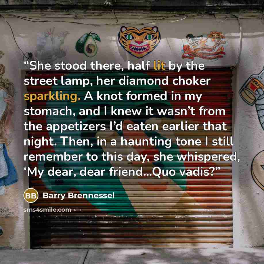 “She stood there, half lit by the street lamp, her diamond choker sparkling. A knot formed in my stomach, and I knew it wasn’t from the appetizers I’d eaten earlier that night. Then, in a haunting tone I still remember to this day, she whispered, ‘My dear, dear friend…Quo vadis?” quote by Barry Brennessel