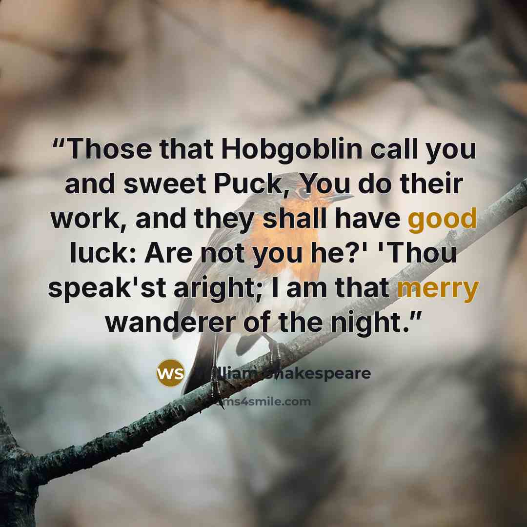 “Those that Hobgoblin call you and sweet Puck, You do their work, and they shall have good luck: Are not you he?' 'Thou speak'st aright; I am that merry wanderer of the night.” quote by William Shakespeare