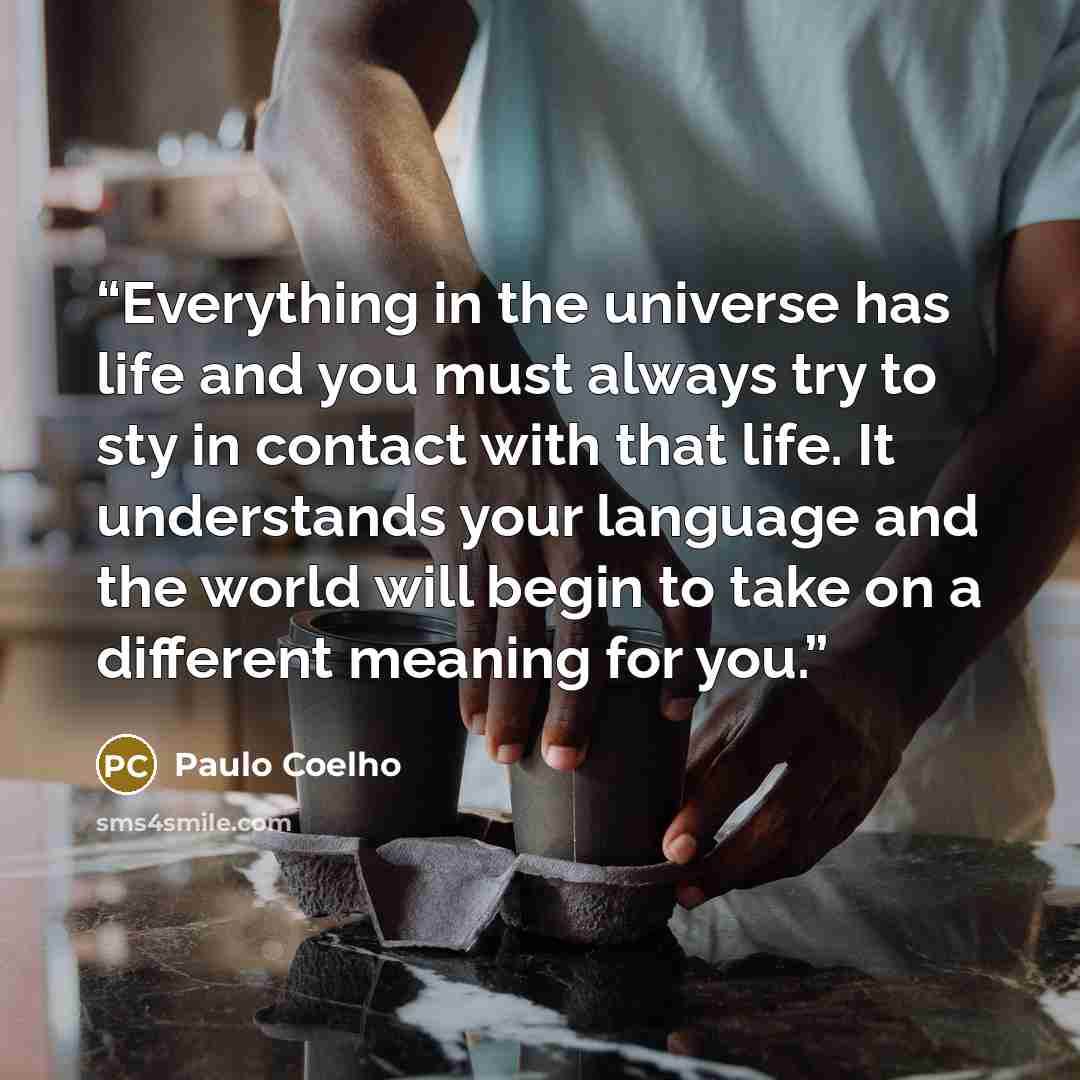 “Everything in the universe has life and you must always try to sty in contact with that life. It understands your language and the world will begin to take on a different meaning for you.” quote by Paulo Coelho