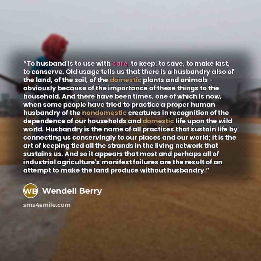 “To husband is to use with care, to keep, to save, to make last, to conserve. Old usage tells us that there is a husbandry also of the land, of the soil, of the domestic plants and animals - obviously because of the importance of these things to the household. And there have been times, one of…” quote by Wendell Berry