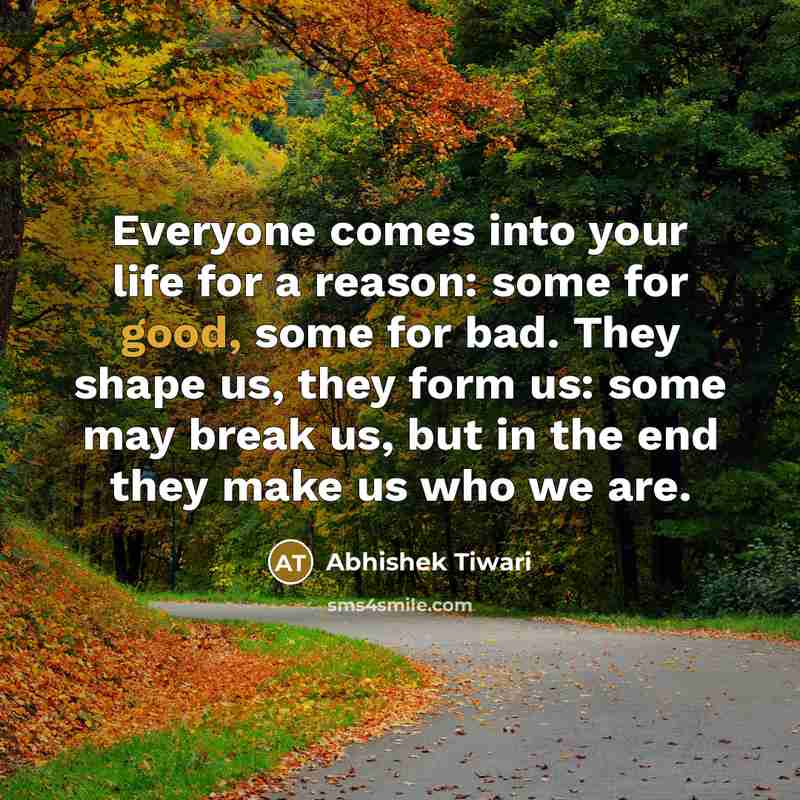 “Everyone comes into your life for a reason: some for good, some for bad. They shape us, they form us: some may break us, but in the end they make us who we are.” quote by Abhishek Tiwari