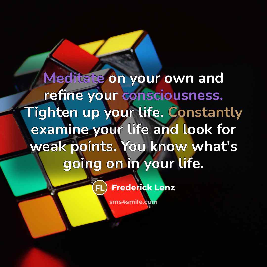 “Meditate on your own and refine your consciousness. Tighten up your life. Constantly examine your life and look for weak points. You know what's going on in your life.” quote by Frederick Lenz