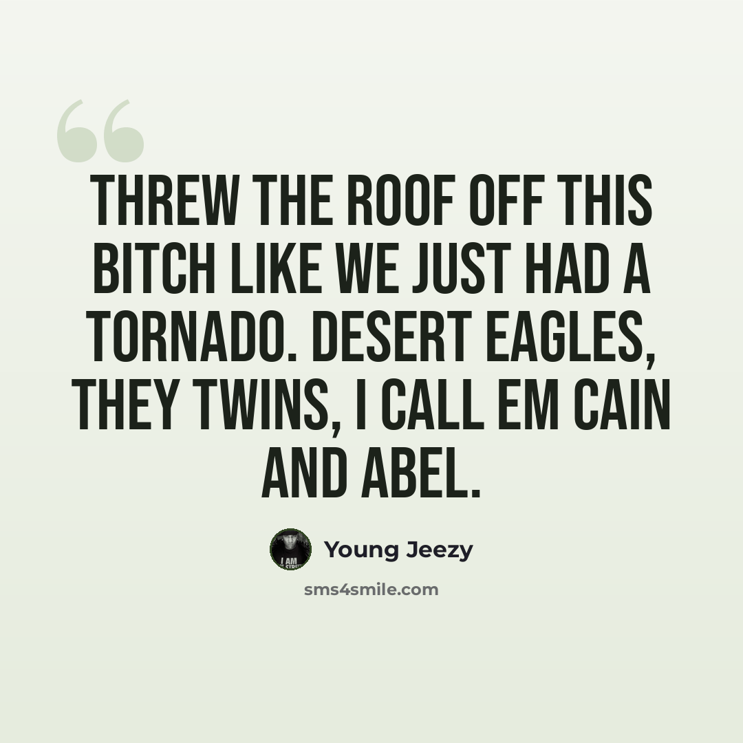 “Threw the roof off this bitch like we just had a tornado. Desert Eagles, they twins, I call em Cain and Abel.” quote by Young Jeezy