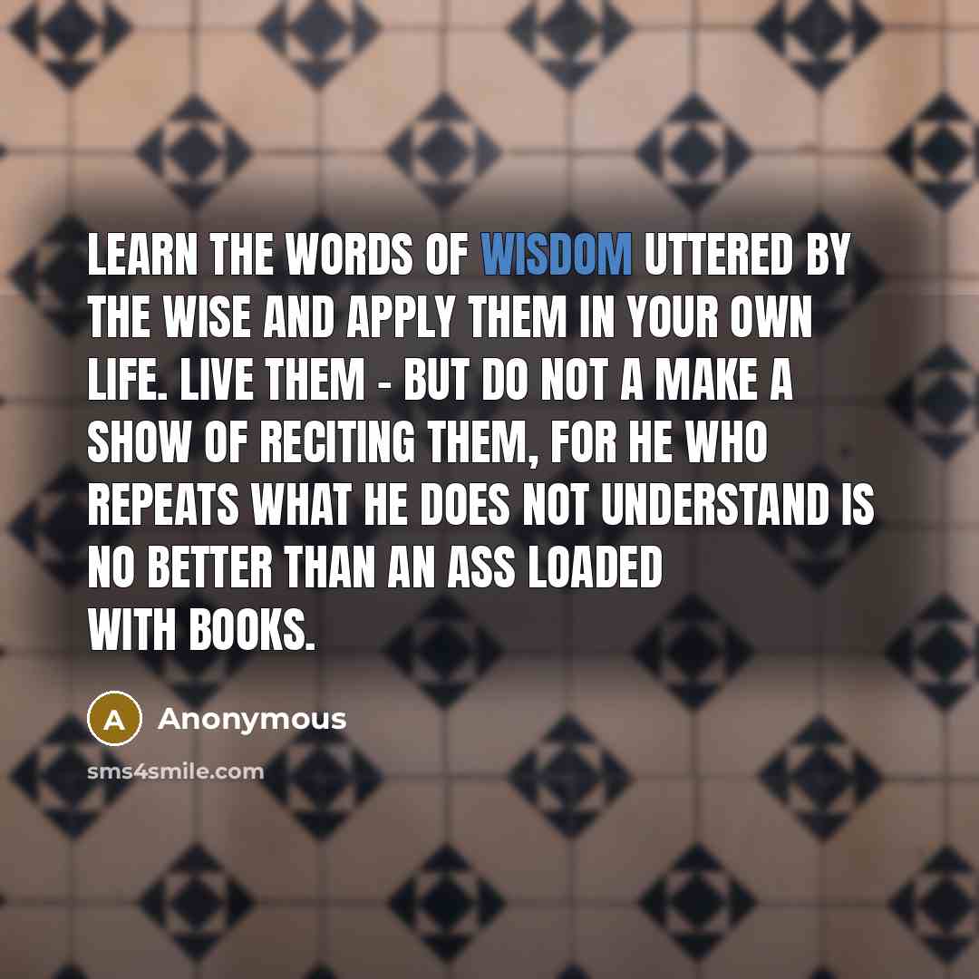 “Learn the words of wisdom uttered by the wise and apply them in your own life. Live them - but do not a make a show of reciting them, for he who repeats what he does not understand is no better than an ass loaded with books.” quote by Anonymous