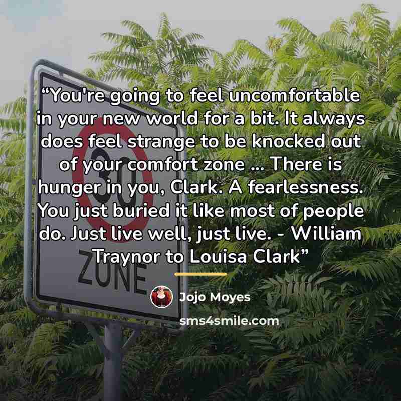“You're going to feel uncomfortable in your new world for a bit. It always does feel strange to be knocked out of your comfort zone ... There is hunger in you, Clark. A fearlessness. You just buried it like most of people do. Just live well, just live. - William Traynor to Louisa Clark” quote by Jojo Moyes