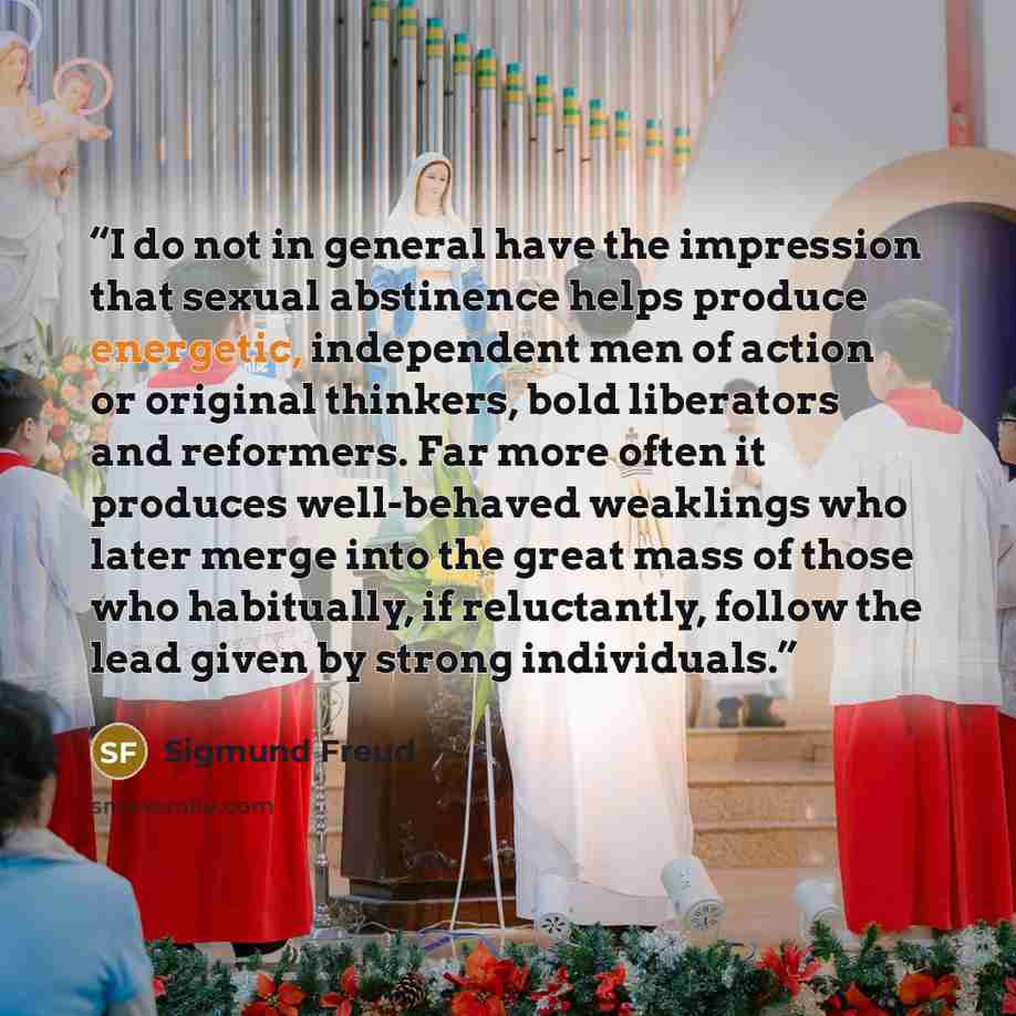“I do not in general have the impression that sexual abstinence helps produce energetic, independent men of action or original thinkers, bold liberators and reformers. Far more often it produces well-behaved weaklings who later merge into the great mass of those who habitually, if reluctantly…” quote by Sigmund Freud