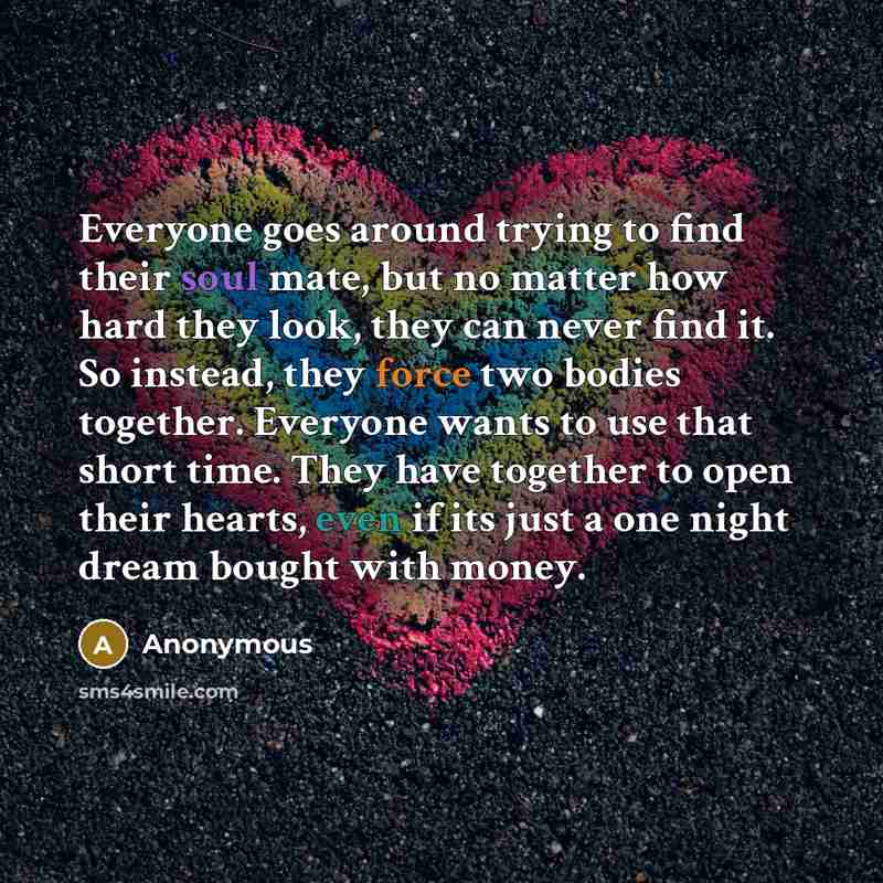 “Everyone goes around trying to find their soul mate, but no matter how hard they look, they can never find it. So instead, they force two bodies together. Everyone wants to use that short time. They have together to open their hearts, even if its just a one night dream bought with money.” quote by Anonymous
