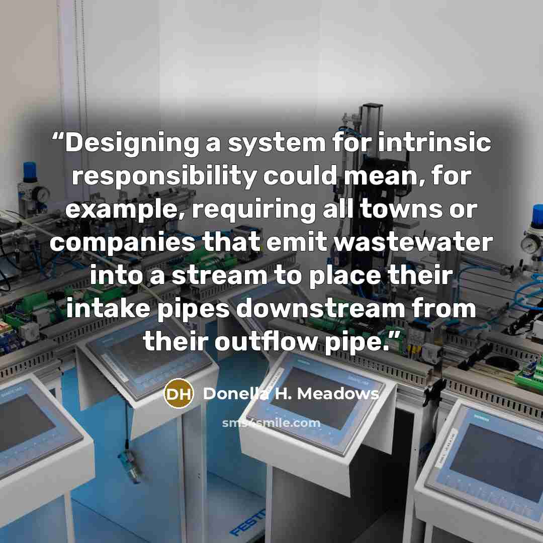 “Designing a system for intrinsic responsibility could mean, for example, requiring all towns or companies that emit wastewater into a stream to place their intake pipes downstream from their outflow pipe.” quote by Donella H. Meadows