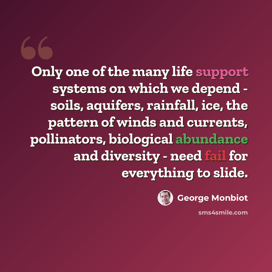 “Only one of the many life support systems on which we depend - soils, aquifers, rainfall, ice, the pattern of winds and currents, pollinators, biological abundance and diversity - need fail for everything to slide.” quote by George Monbiot