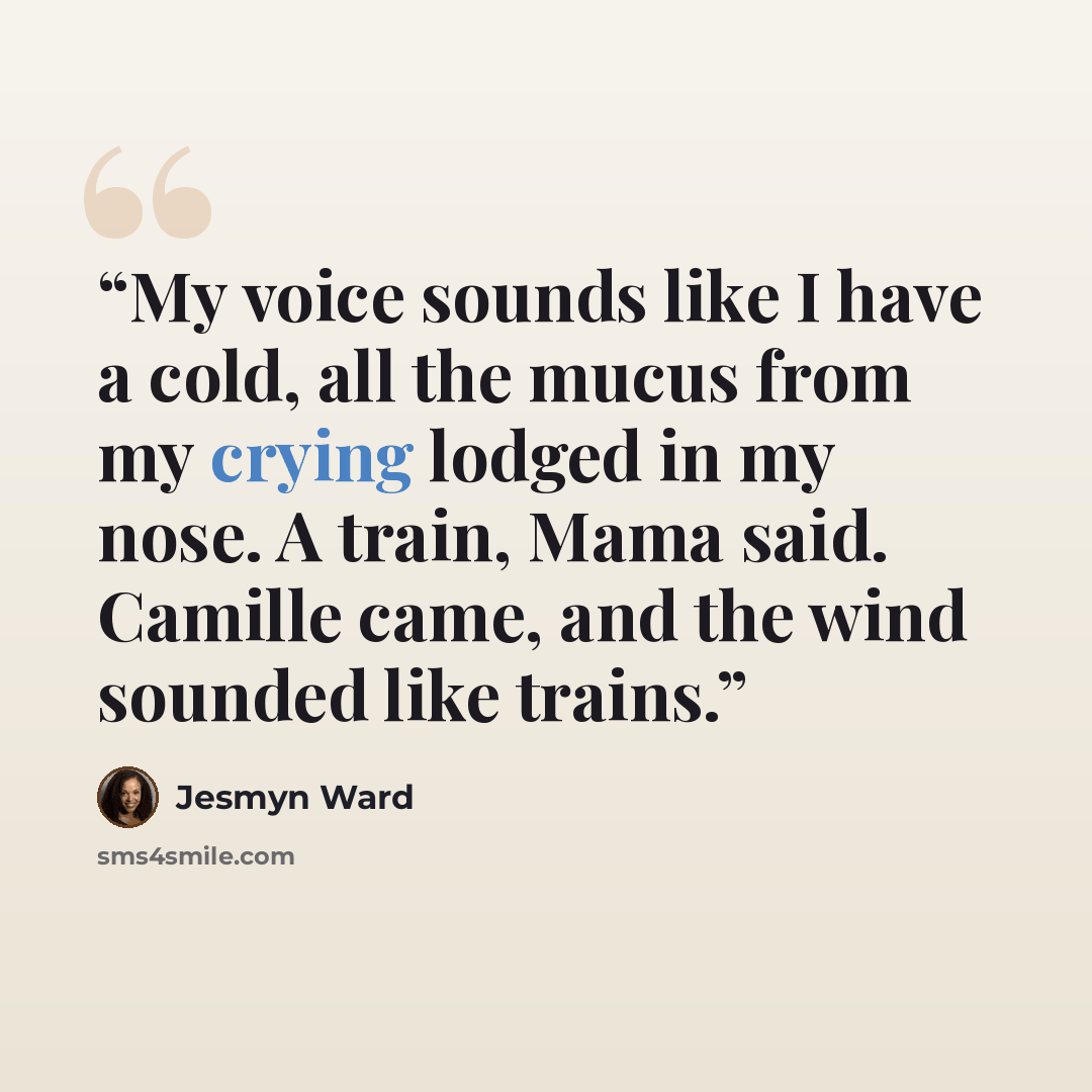 “My voice sounds like I have a cold, all the mucus from my crying lodged in my nose. A train, Mama said. Camille came, and the wind sounded like trains.” quote by Jesmyn Ward