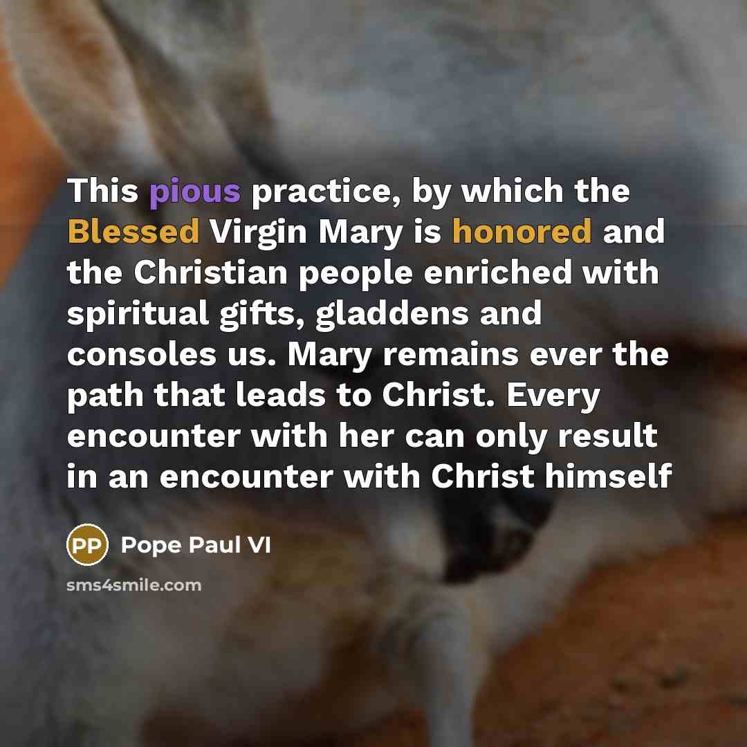 “This pious practice, by which the Blessed Virgin Mary is honored and the Christian people enriched with spiritual gifts, gladdens and consoles us. Mary remains ever the path that leads to Christ. Every encounter with her can only result in an encounter with Christ himself” quote by Pope Paul VI