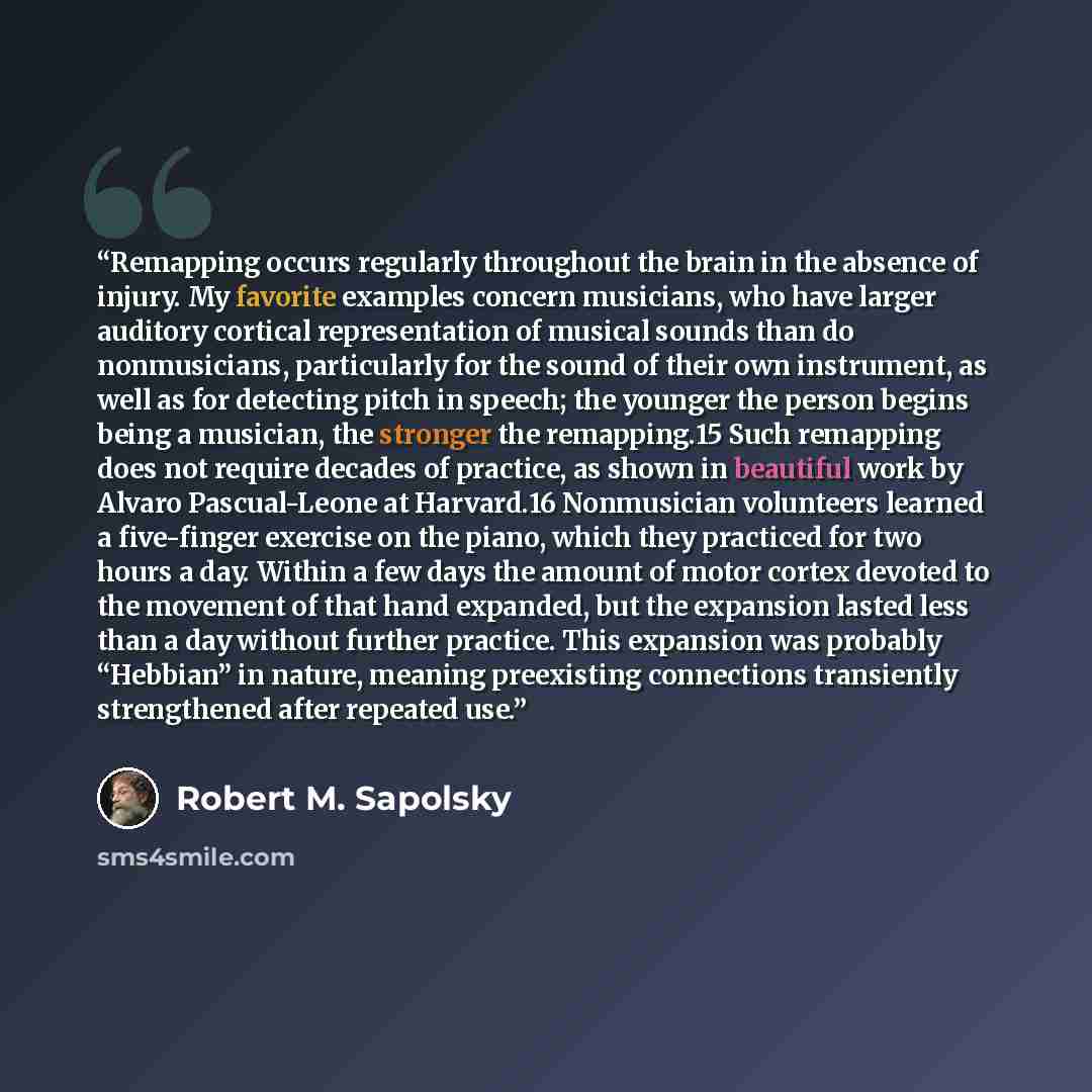 “Remapping occurs regularly throughout the brain in the absence of injury. My favorite examples concern musicians, who have larger auditory cortical representation of musical sounds than do nonmusicians, particularly for the sound of their own instrument, as well as for detecting pitch in speech…” quote by Robert M. Sapolsky