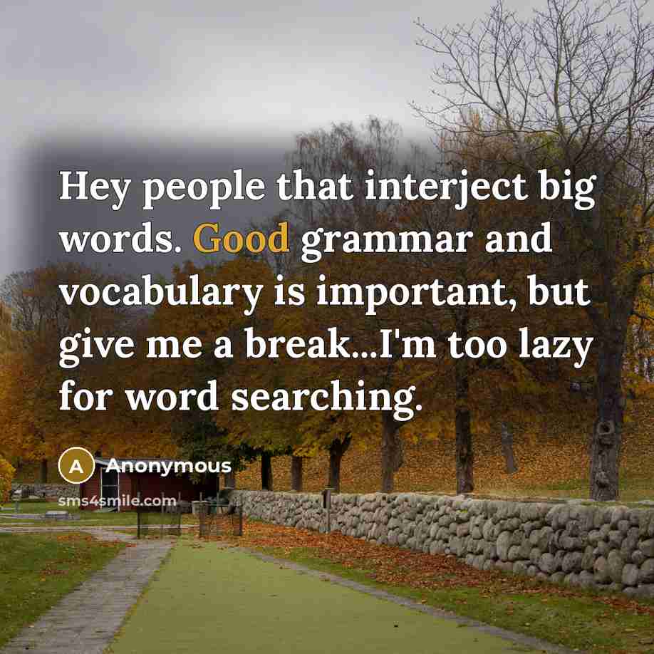 “Hey people that interject big words. Good grammar and vocabulary is important, but give me a break...I'm too lazy for word searching.” quote by Anonymous