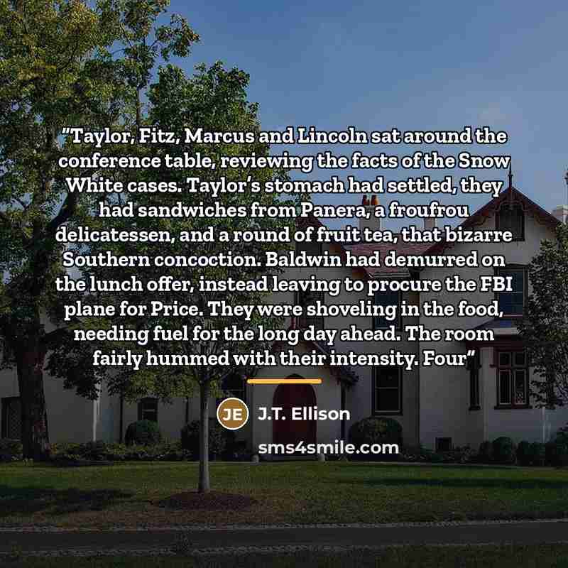 “Taylor, Fitz, Marcus and Lincoln sat around the conference table, reviewing the facts of the Snow White cases. Taylor’s stomach had settled, they had sandwiches from Panera, a froufrou delicatessen, and a round of fruit tea, that bizarre Southern concoction. Baldwin had demurred on the lunch…” quote by J.T. Ellison