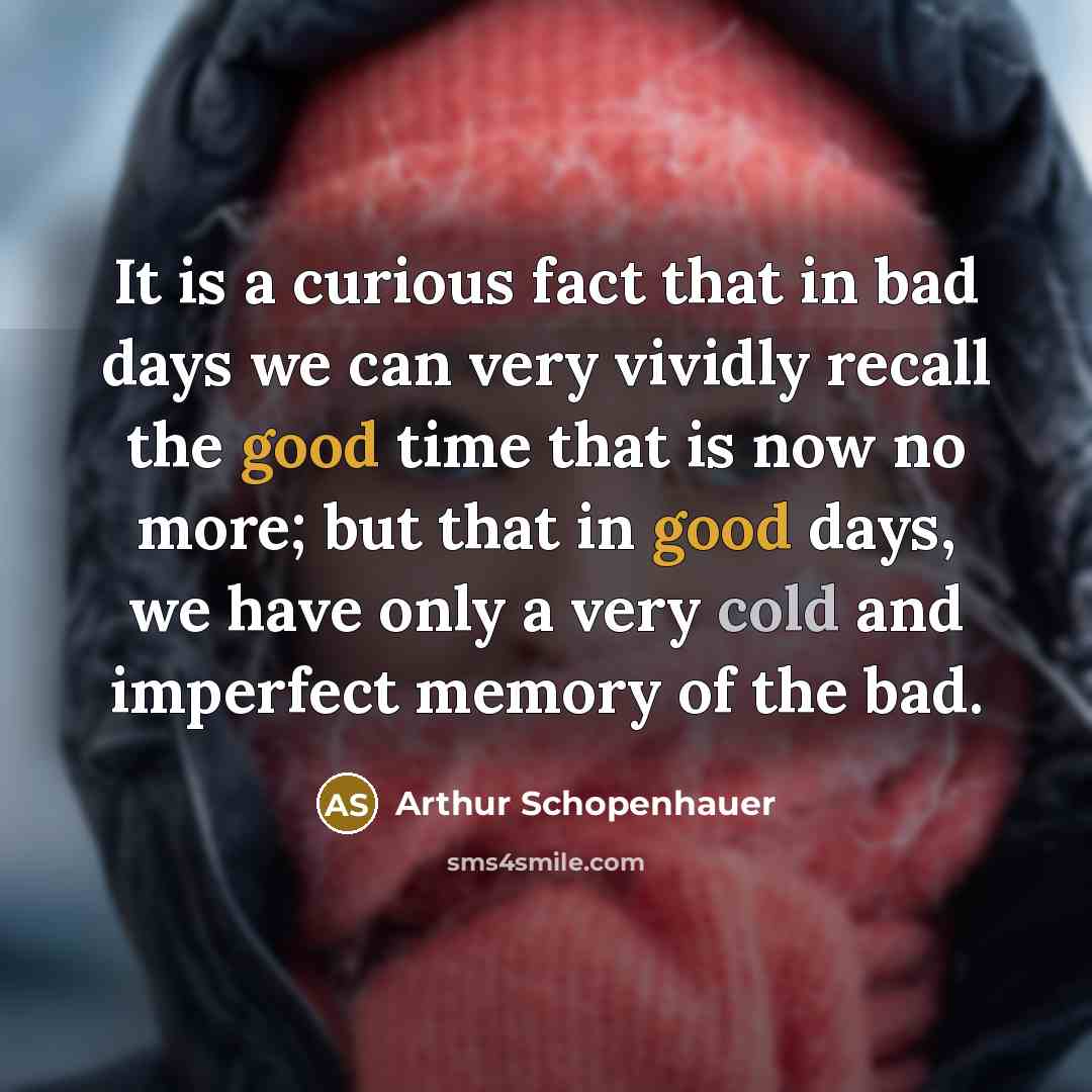 “It is a curious fact that in bad days we can very vividly recall the good time that is now no more; but that in good days, we have only a very cold and imperfect memory of the bad.” quote by Arthur Schopenhauer