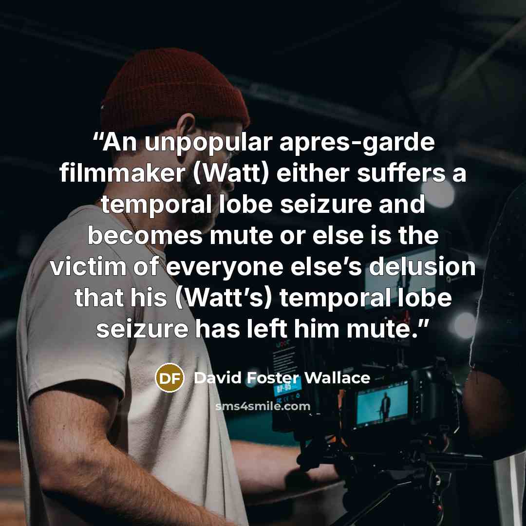 “An unpopular apres-garde filmmaker (Watt) either suffers a temporal lobe seizure and becomes mute or else is the victim of everyone else’s delusion that his (Watt’s) temporal lobe seizure has left him mute.” quote by David Foster Wallace