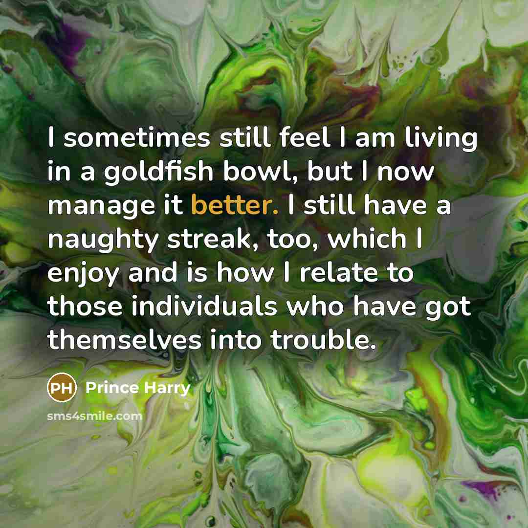 “I sometimes still feel I am living in a goldfish bowl, but I now manage it better. I still have a naughty streak, too, which I enjoy and is how I relate to those individuals who have got themselves into trouble.” quote by Prince Harry