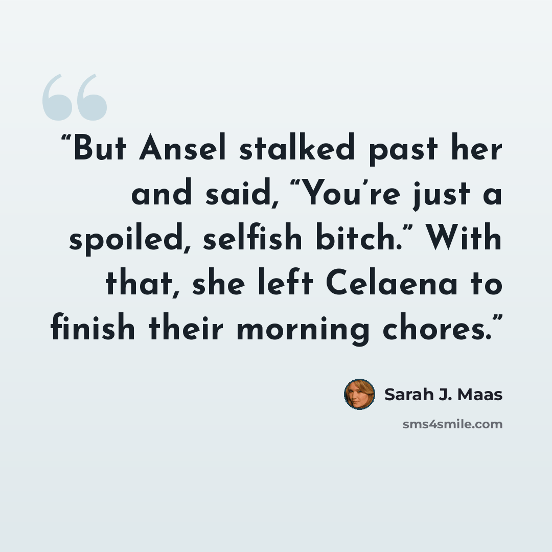 “But Ansel stalked past her and said, “You’re just a spoiled, selfish bitch.” With that, she left Celaena to finish their morning chores.” quote by Sarah J. Maas