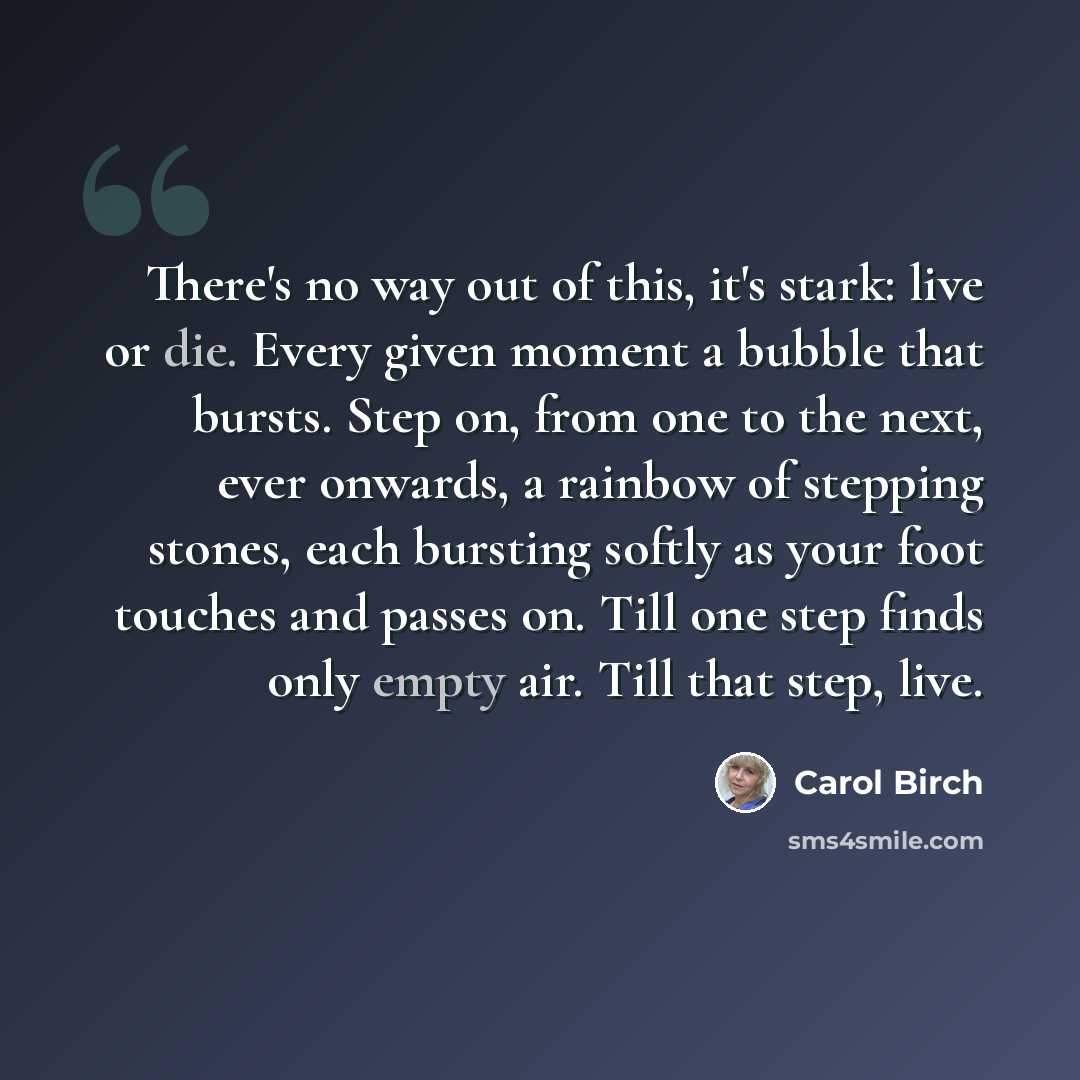“There's no way out of this, it's stark: live or die. Every given moment a bubble that bursts. Step on, from one to the next, ever onwards, a rainbow of stepping stones, each bursting softly as your foot touches and passes on. Till one step finds only empty air. Till that step, live.” quote by Carol Birch