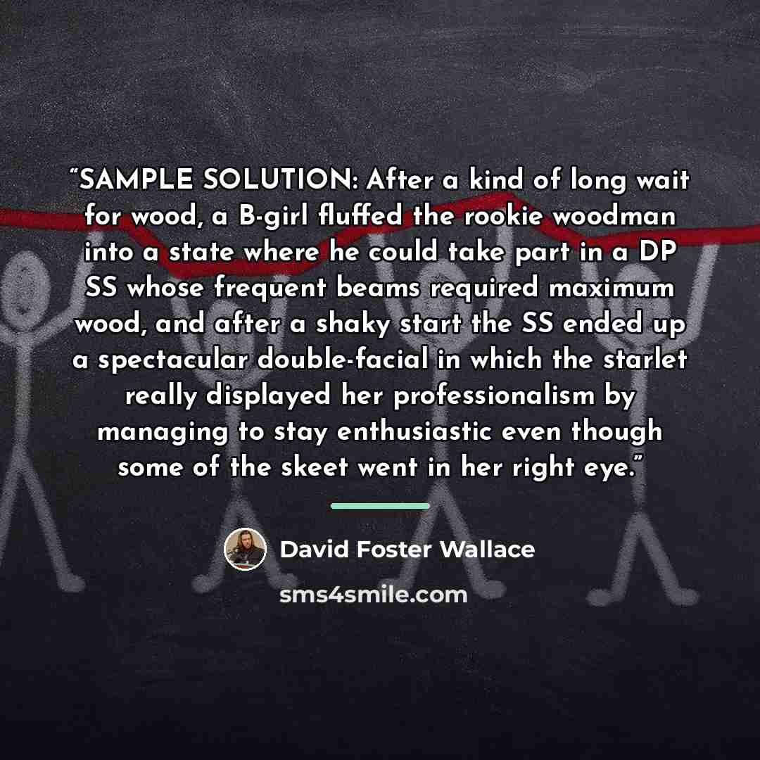 “SAMPLE SOLUTION: After a kind of long wait for wood, a B-girl fluffed the rookie woodman into a state where he could take part in a DP SS whose frequent beams required maximum wood, and after a shaky start the SS ended up a spectacular double-facial in which the starlet really displayed her…” quote by David Foster Wallace