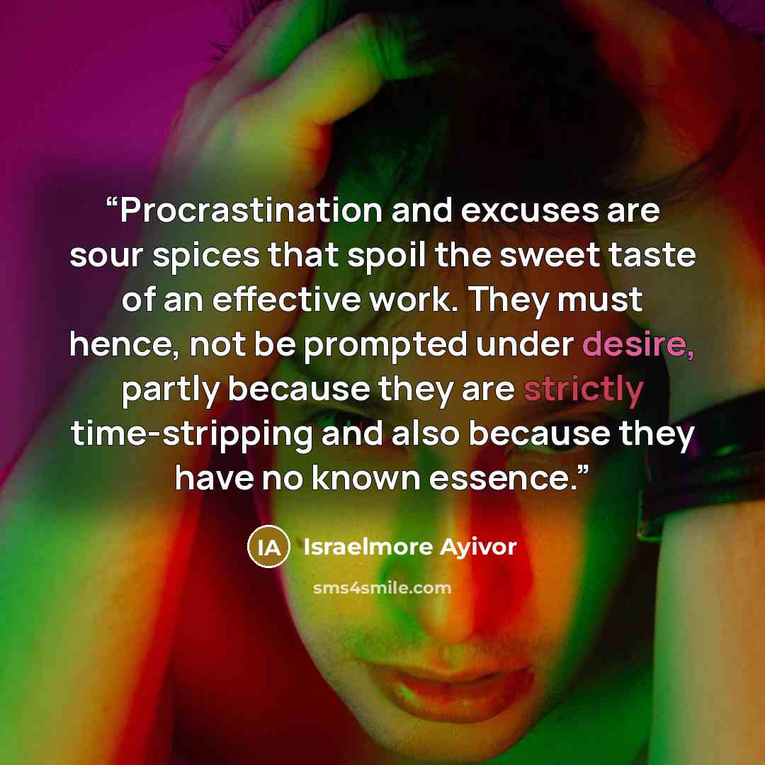 “Procrastination and excuses are sour spices that spoil the sweet taste of an effective work. They must hence, not be prompted under desire, partly because they are strictly time-stripping and also because they have no known essence.” quote by Israelmore Ayivor
