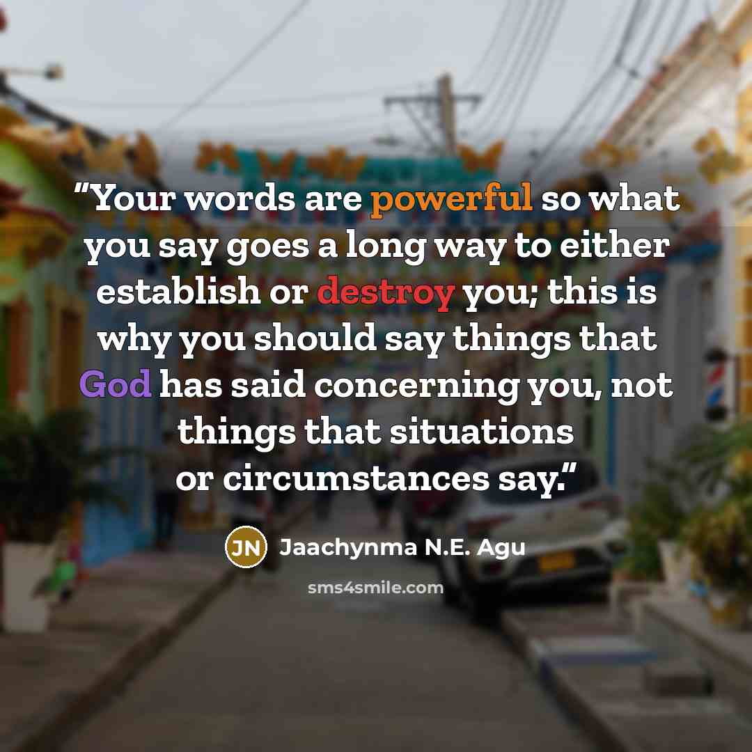 “Your words are powerful so what you say goes a long way to either establish or destroy you; this is why you should say things that God has said concerning you, not things that situations or circumstances say.” quote by Jaachynma N.E. Agu