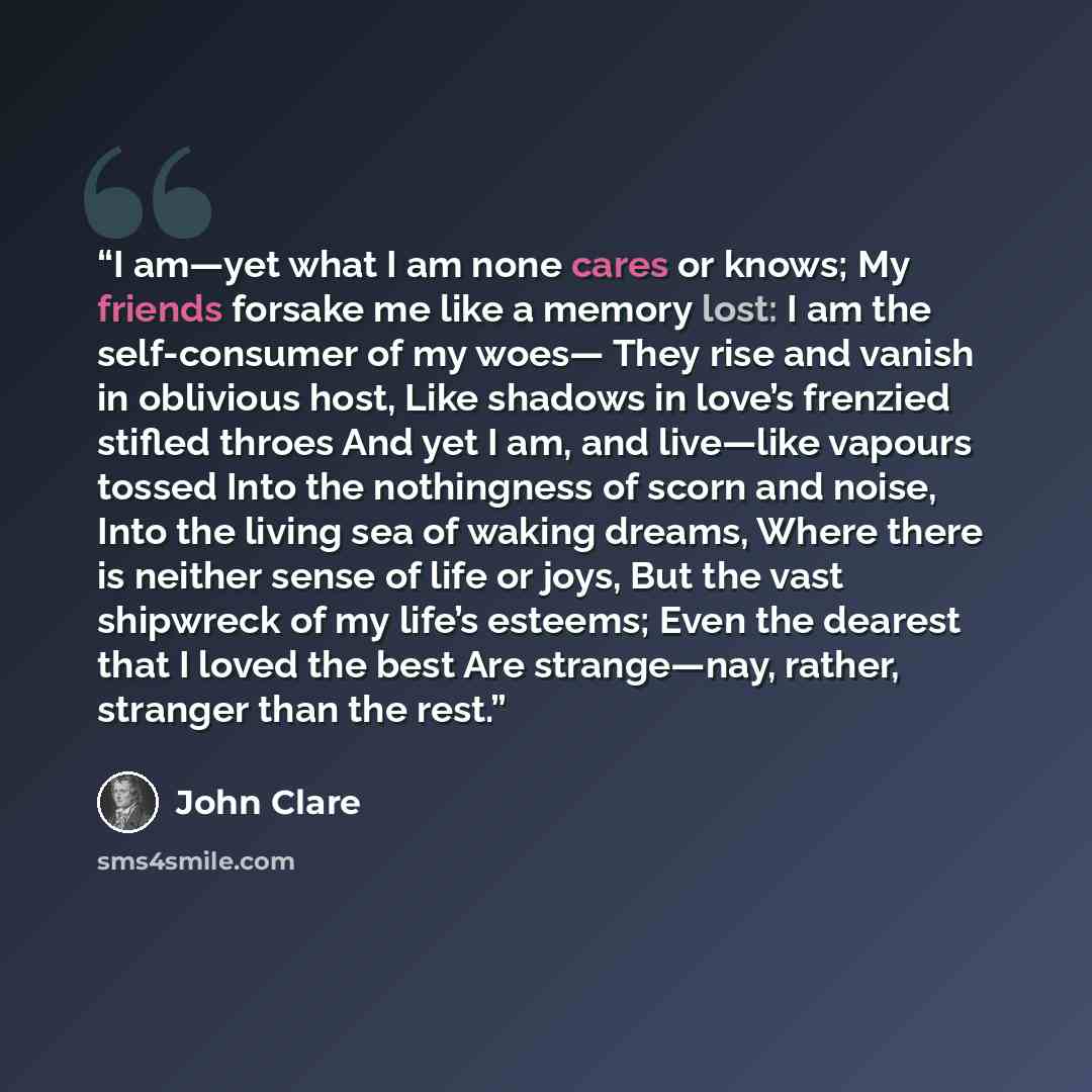 “I am—yet what I am none cares or knows; My friends forsake me like a memory lost: I am the self-consumer of my woes— They rise and vanish in oblivious host, Like shadows in love’s frenzied stifled throes And yet I am, and live—like vapours tossed Into the nothingness of scorn and noise, Into the…” quote by John Clare