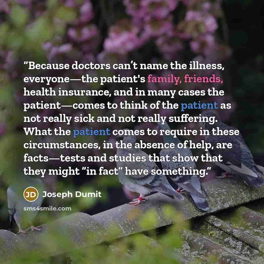 “Because doctors can’t name the illness, everyone—the patient's family, friends, health insurance, and in many cases the patient—comes to think of the patient as not really sick and not really suffering. What the patient comes to require in these circumstances, in the absence of help, are…” quote by Joseph Dumit