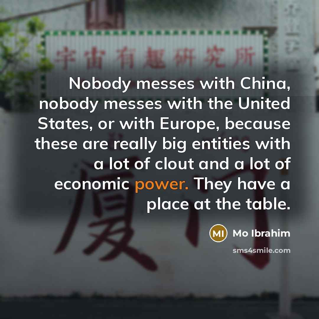 “Nobody messes with China, nobody messes with the United States, or with Europe, because these are really big entities with a lot of clout and a lot of economic power. They have a place at the table.” quote by Mo Ibrahim
