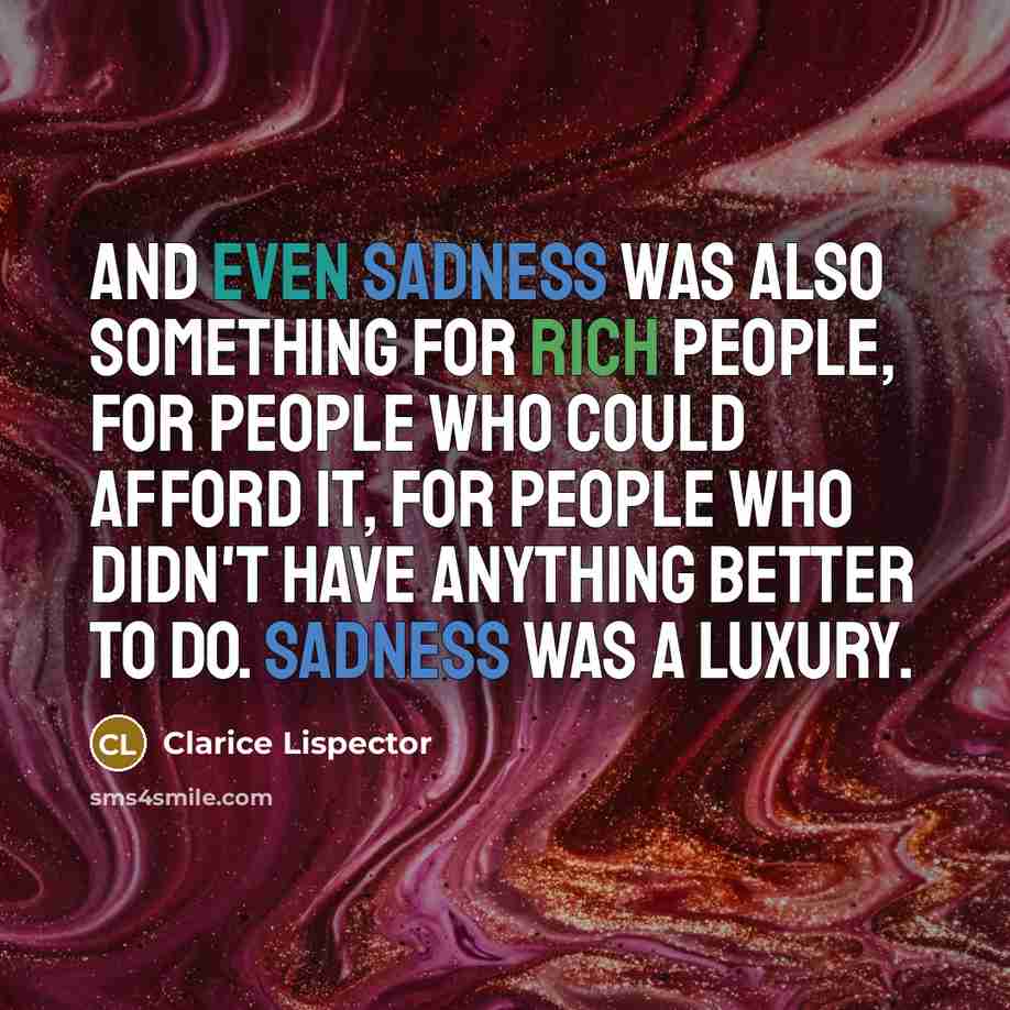 “And even sadness was also something for rich people, for people who could afford it, for people who didn't have anything better to do. Sadness was a luxury.” quote by Clarice Lispector