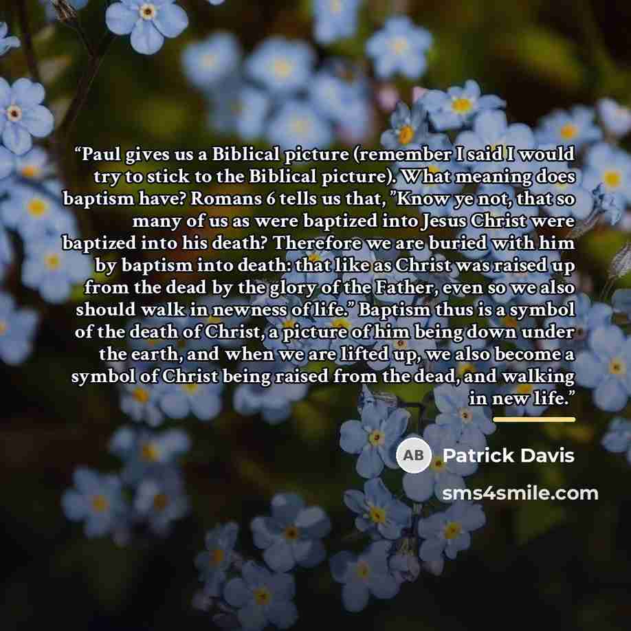 “Paul gives us a Biblical picture (remember I said I would try to stick to the Biblical picture). What meaning does baptism have? Romans 6 tells us that, ”Know ye not, that so many of us as were baptized into Jesus Christ were baptized into his death? Therefore we are buried with him by baptism…” quote by Patrick Davis