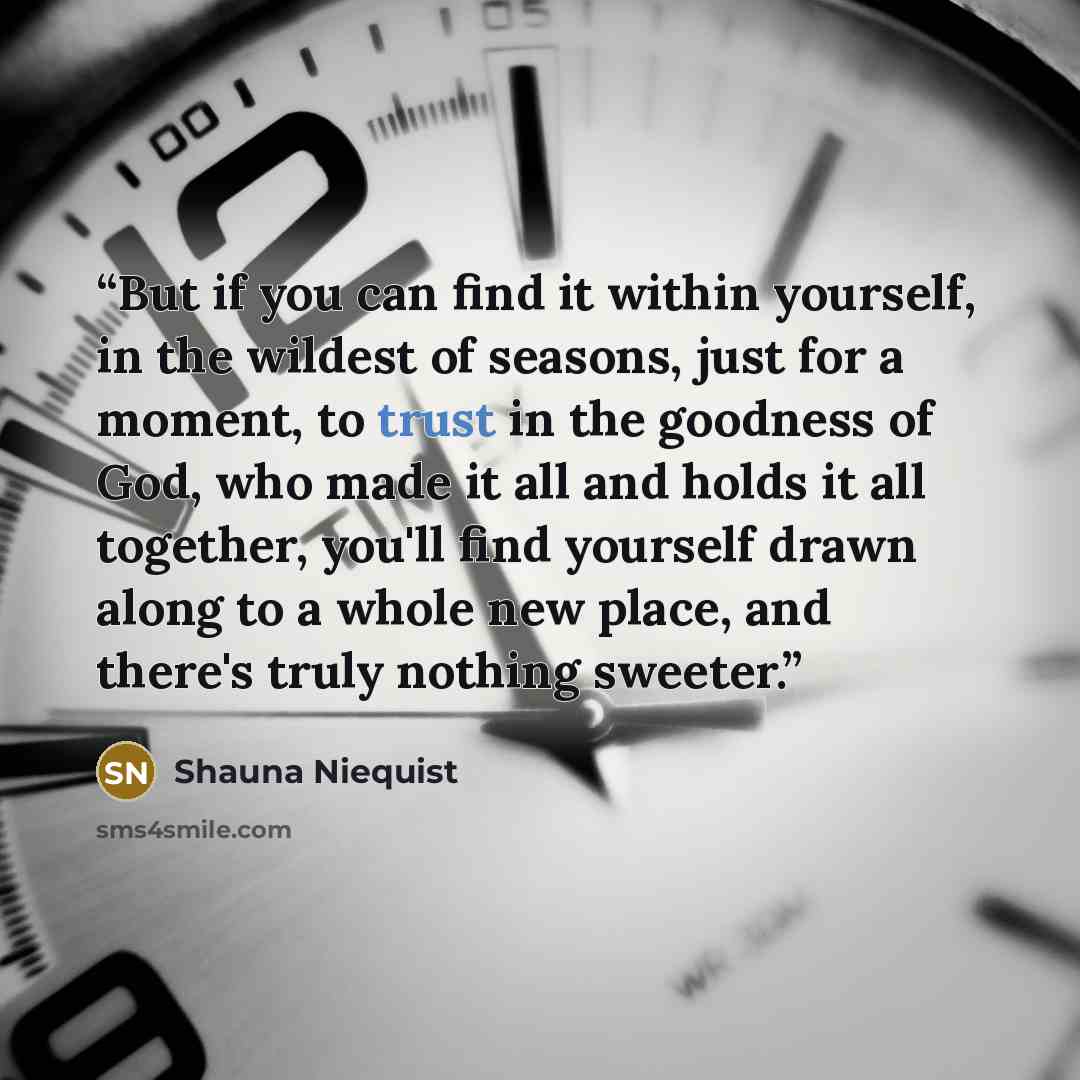 “But if you can find it within yourself, in the wildest of seasons, just for a moment, to trust in the goodness of God, who made it all and holds it all together, you'll find yourself drawn along to a whole new place, and there's truly nothing sweeter.” quote by Shauna Niequist
