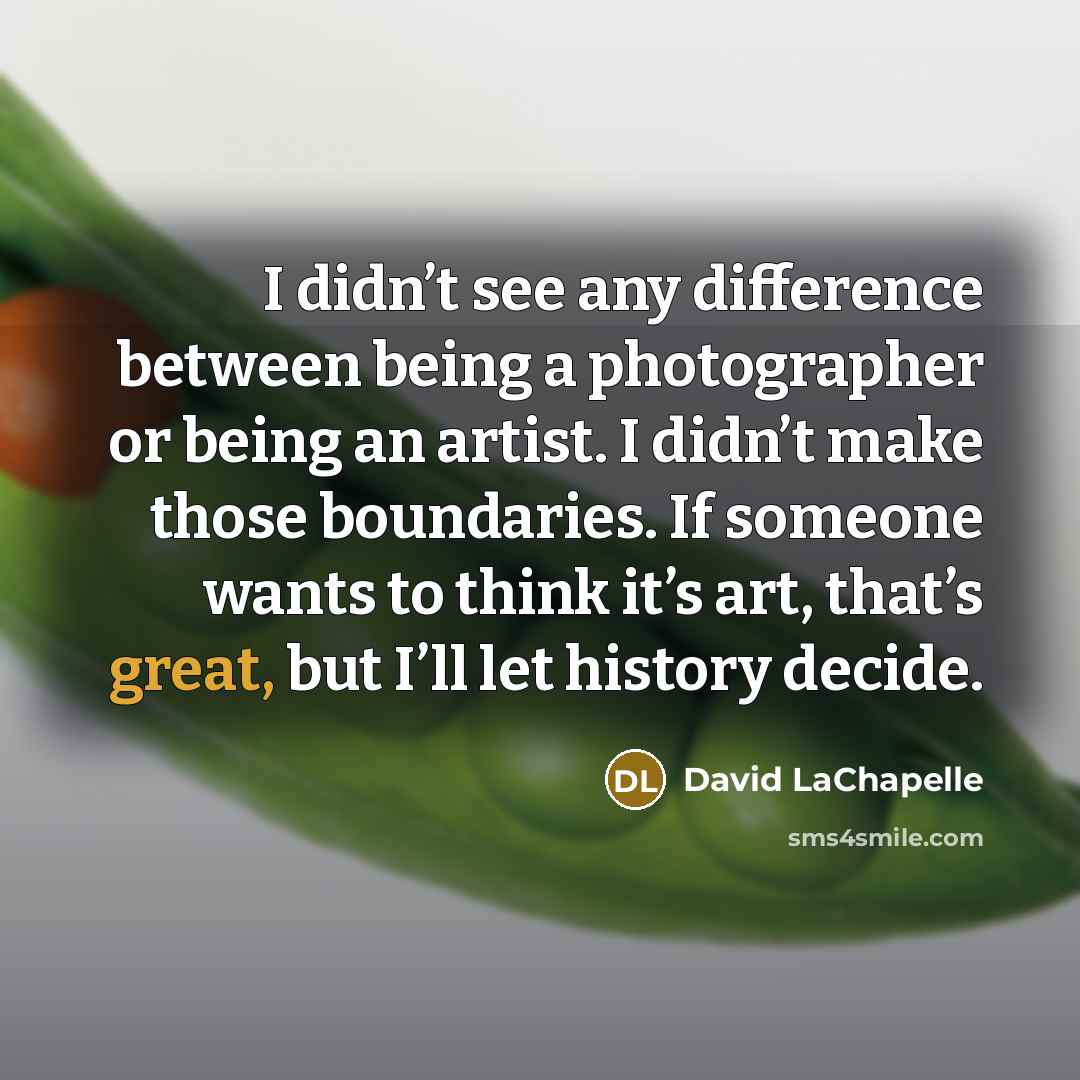 “I didn’t see any difference between being a photographer or being an artist. I didn’t make those boundaries. If someone wants to think it’s art, that’s great, but I’ll let history decide.” quote by David LaChapelle