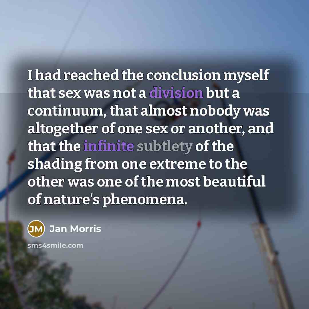 “I had reached the conclusion myself that sex was not a division but a continuum, that almost nobody was altogether of one sex or another, and that the infinite subtlety of the shading from one extreme to the other was one of the most beautiful of nature's phenomena.” quote by Jan Morris