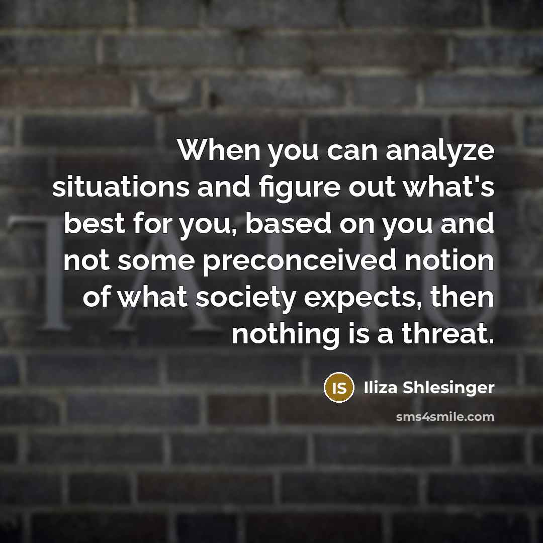 “When you can analyze situations and figure out what's best for you, based on you and not some preconceived notion of what society expects, then nothing is a threat.” quote by Iliza Shlesinger