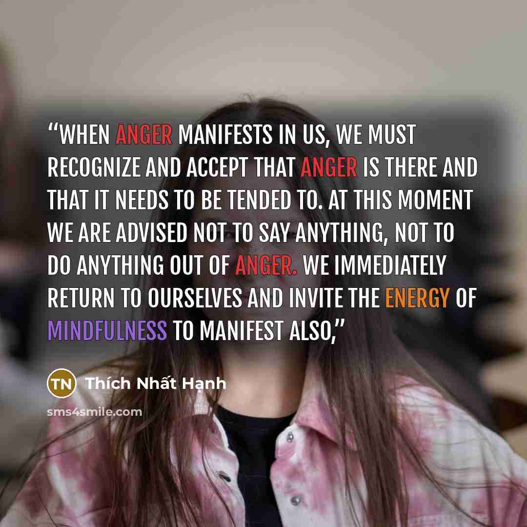 “When anger manifests in us, we must recognize and accept that anger is there and that it needs to be tended to. At this moment we are advised not to say anything, not to do anything out of anger. We immediately return to ourselves and invite the energy of mindfulness to manifest also,” quote by Thich Nhat Hanh