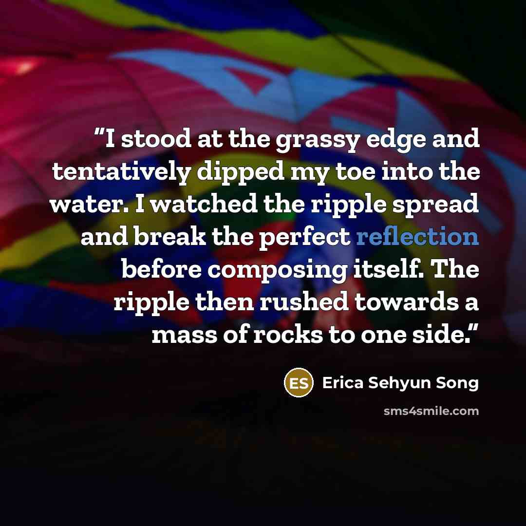 “I stood at the grassy edge and tentatively dipped my toe into the water. I watched the ripple spread and break the perfect reflection before composing itself. The ripple then rushed towards a mass of rocks to one side.” quote by Erica Sehyun Song