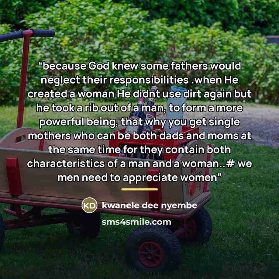 “because God knew some fathers would neglect their responsibilities .when He created a woman He didnt use dirt again but he took a rib out of a man, to form a more powerful being, that why you get single mothers who can be both dads and moms at the same time for they contain both characteristics of…” quote by kwanele dee nyembe
