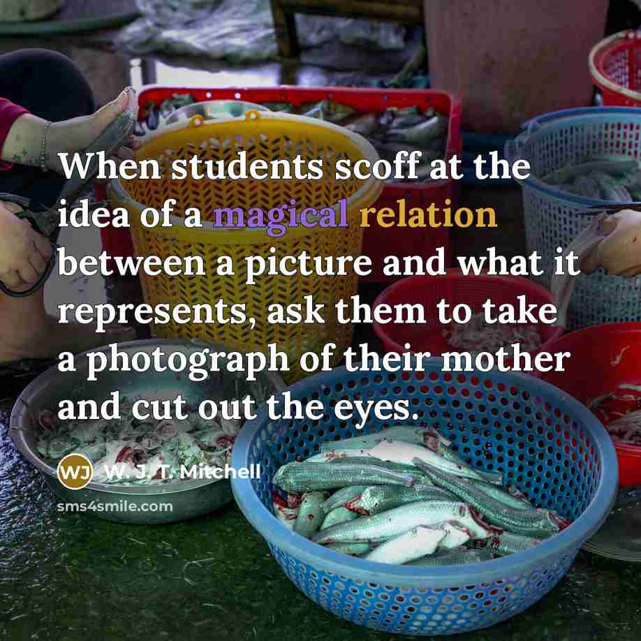 “When students scoff at the idea of a magical relation between a picture and what it represents, ask them to take a photograph of their mother and cut out the eyes.” quote by W. J. T. Mitchell