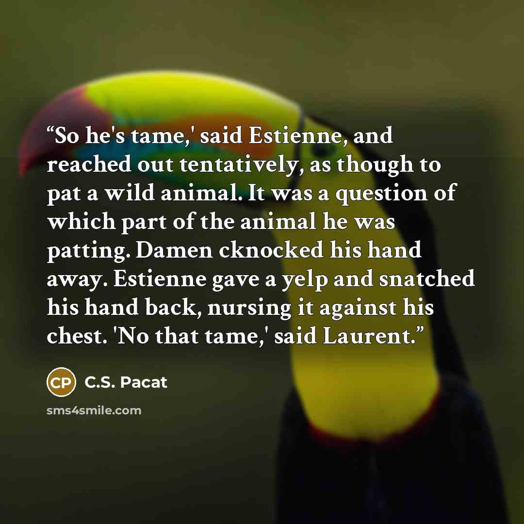 “So he's tame,' said Estienne, and reached out tentatively, as though to pat a wild animal. It was a question of which part of the animal he was patting. Damen cknocked his hand away. Estienne gave a yelp and snatched his hand back, nursing it against his chest. 'No that tame,' said Laurent.” quote by C.S. Pacat