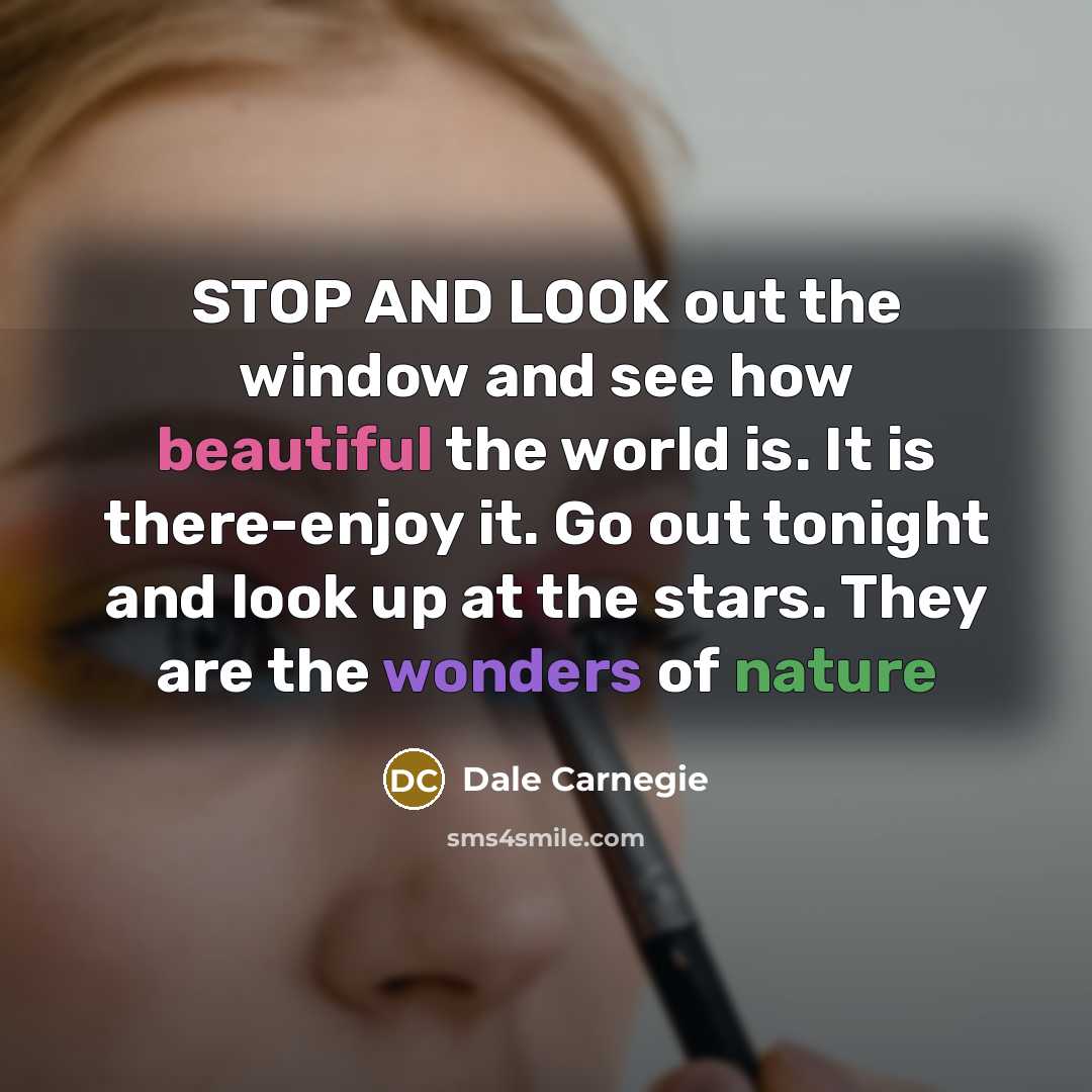 “STOP AND LOOK out the window and see how beautiful the world is. It is there-enjoy it. Go out tonight and look up at the stars. They are the wonders of nature” quote by Dale Carnegie