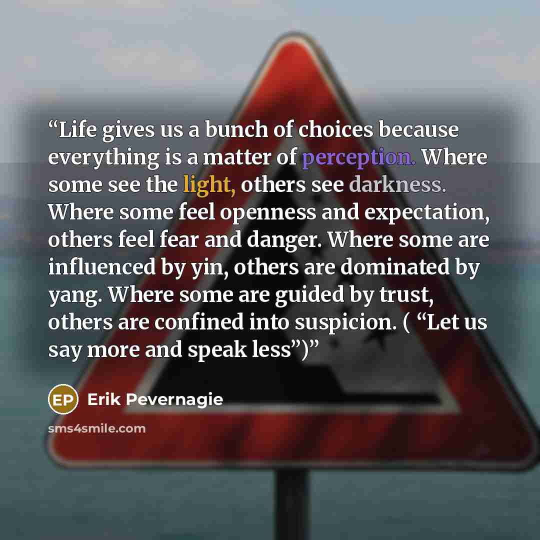 “Life gives us a bunch of choices because everything is a matter of perception. Where some see the light, others see darkness. Where some feel openness and expectation, others feel fear and danger. Where some are influenced by yin, others are dominated by yang. Where some are guided by trust…” quote by Erik Pevernagie