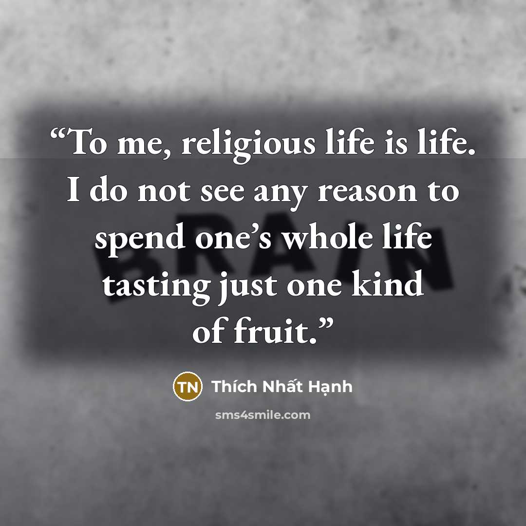 “To me, religious life is life. I do not see any reason to spend one’s whole life tasting just one kind of fruit.” quote by Thich Nhat Hanh