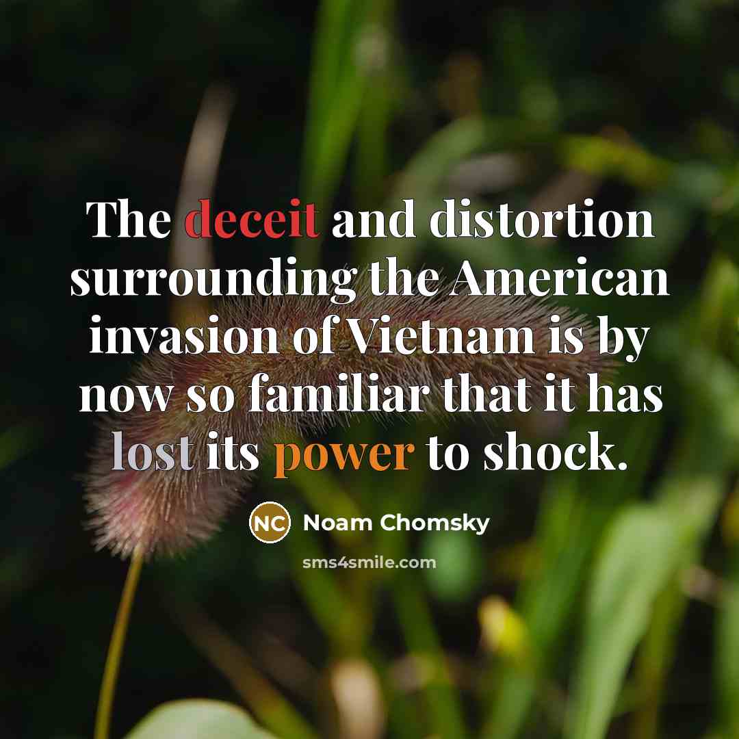 “The deceit and distortion surrounding the American invasion of Vietnam is by now so familiar that it has lost its power to shock.” quote by Noam Chomsky