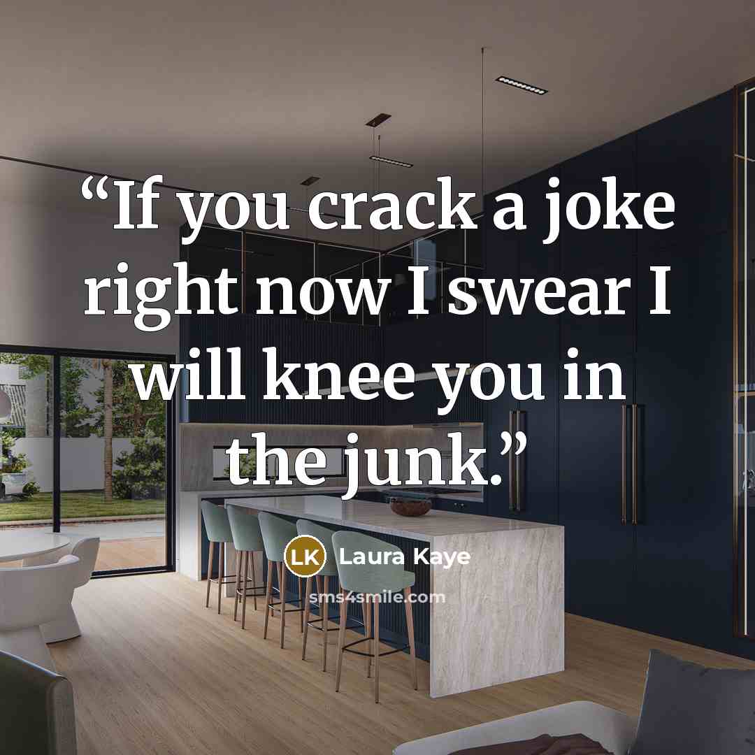 “If you crack a joke right now I swear I will knee you in the junk.” quote by Laura Kaye
