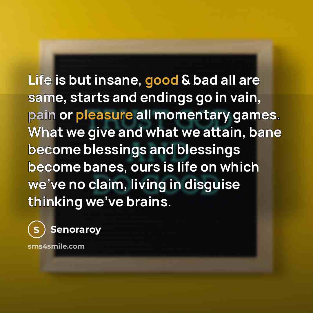 “Life is but insane, good & bad all are same, starts and endings go in vain, pain or pleasure all momentary games. What we give and what we attain, bane become blessings and blessings become banes, ours is life on which we've no claim, living in disguise thinking we've brains.” quote by Senoraroy